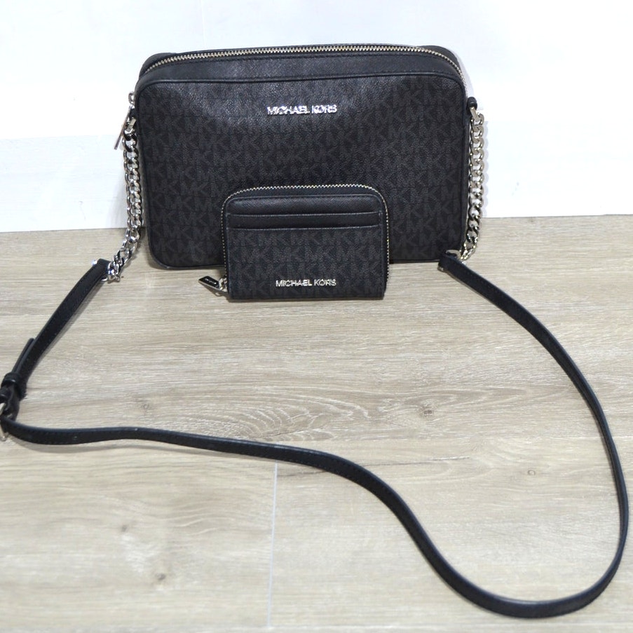 Michael Kors Jet Set Large Black Logo Crossbody Purse & Card Case Wallet Set